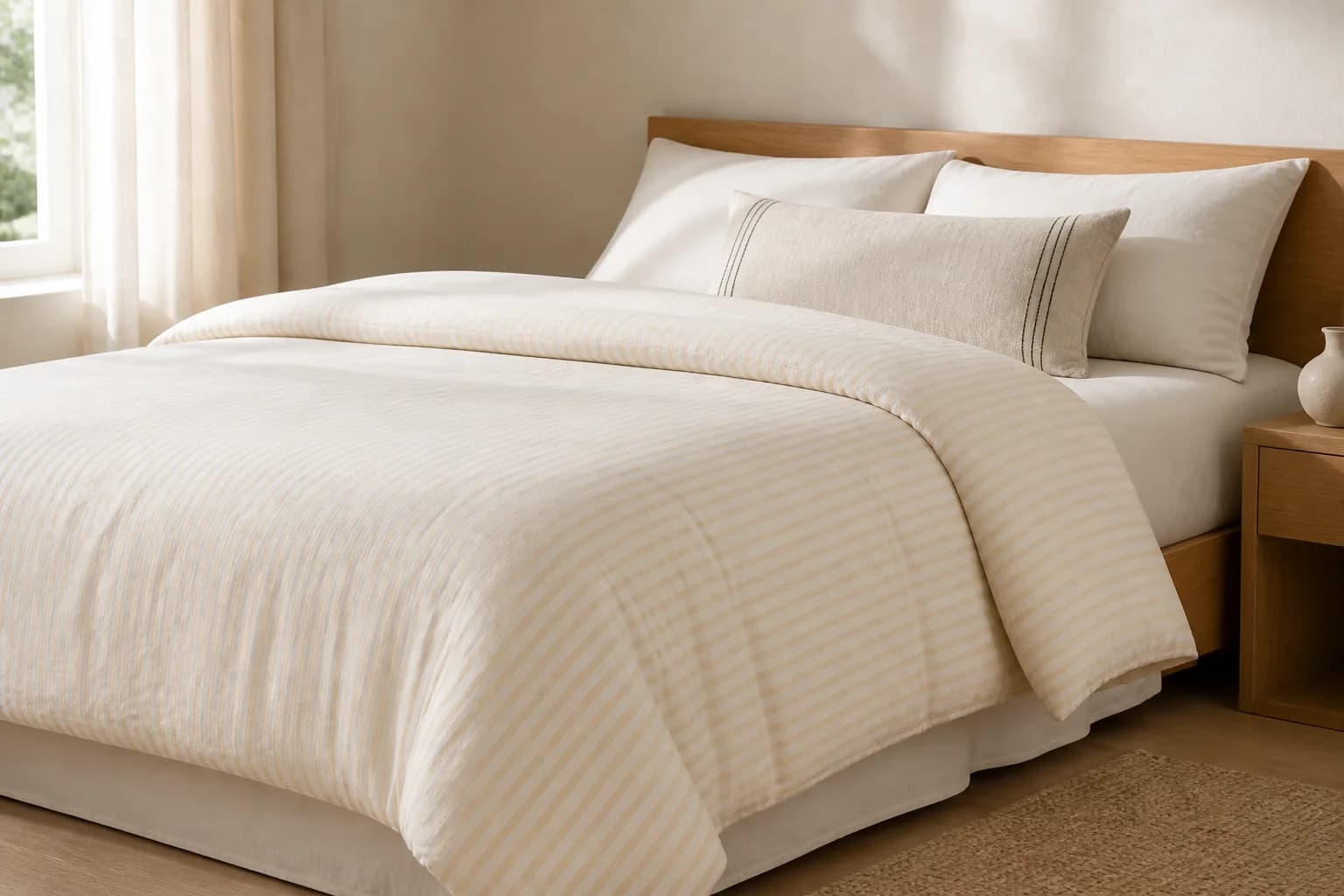Cream stripe cotton knit quilt styled in a warm modern bedroom