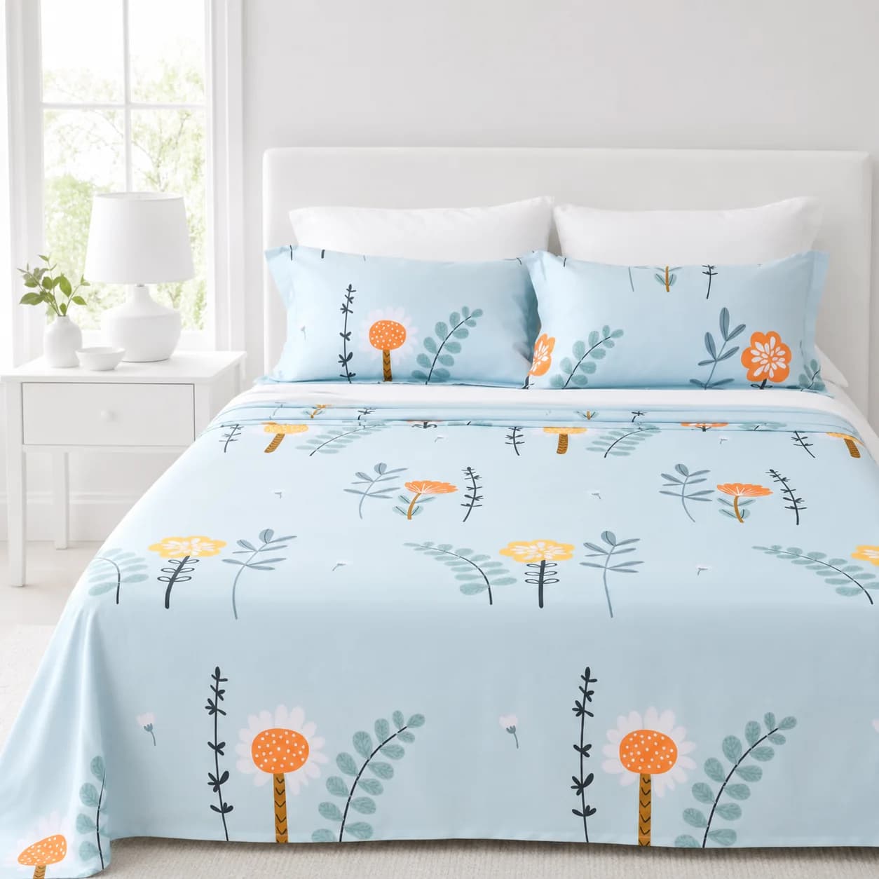 Pale blue botanical bamboo-fiber cooling sheet styled on a bright white bed