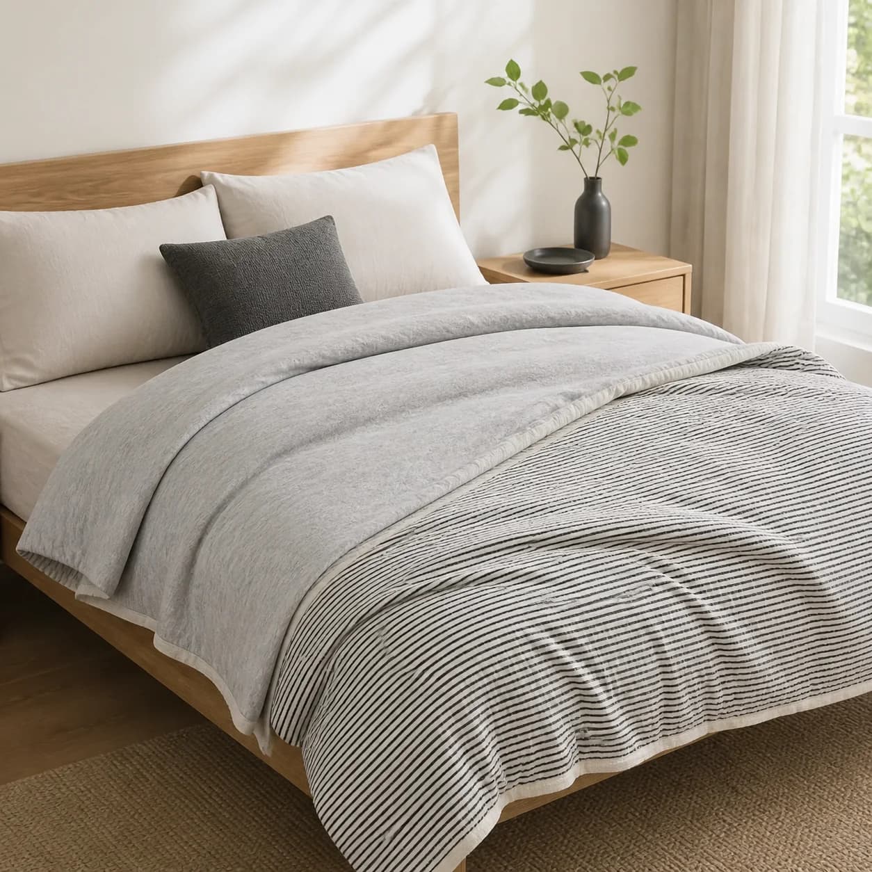 Gray and fine-stripe spring-autumn cotton knit quilt styled on a modern bed