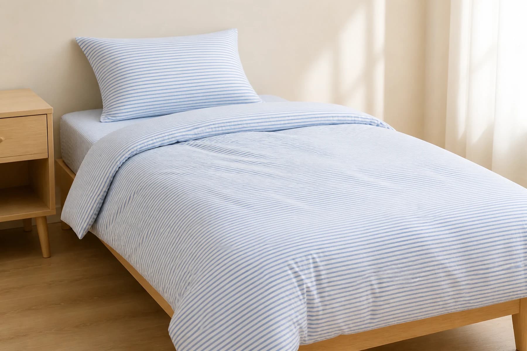 Pale blue fine-stripe knit three-piece bedding set styled naturally on a single bed