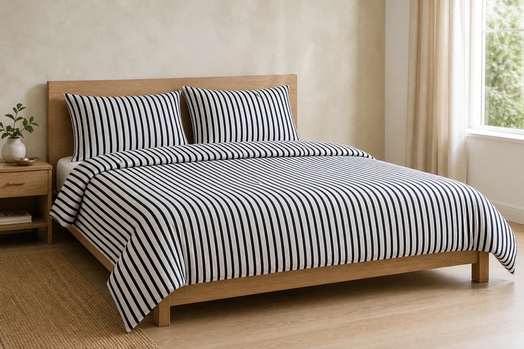Black and white stripe knit four-piece bedding set styled naturally on a modern bed