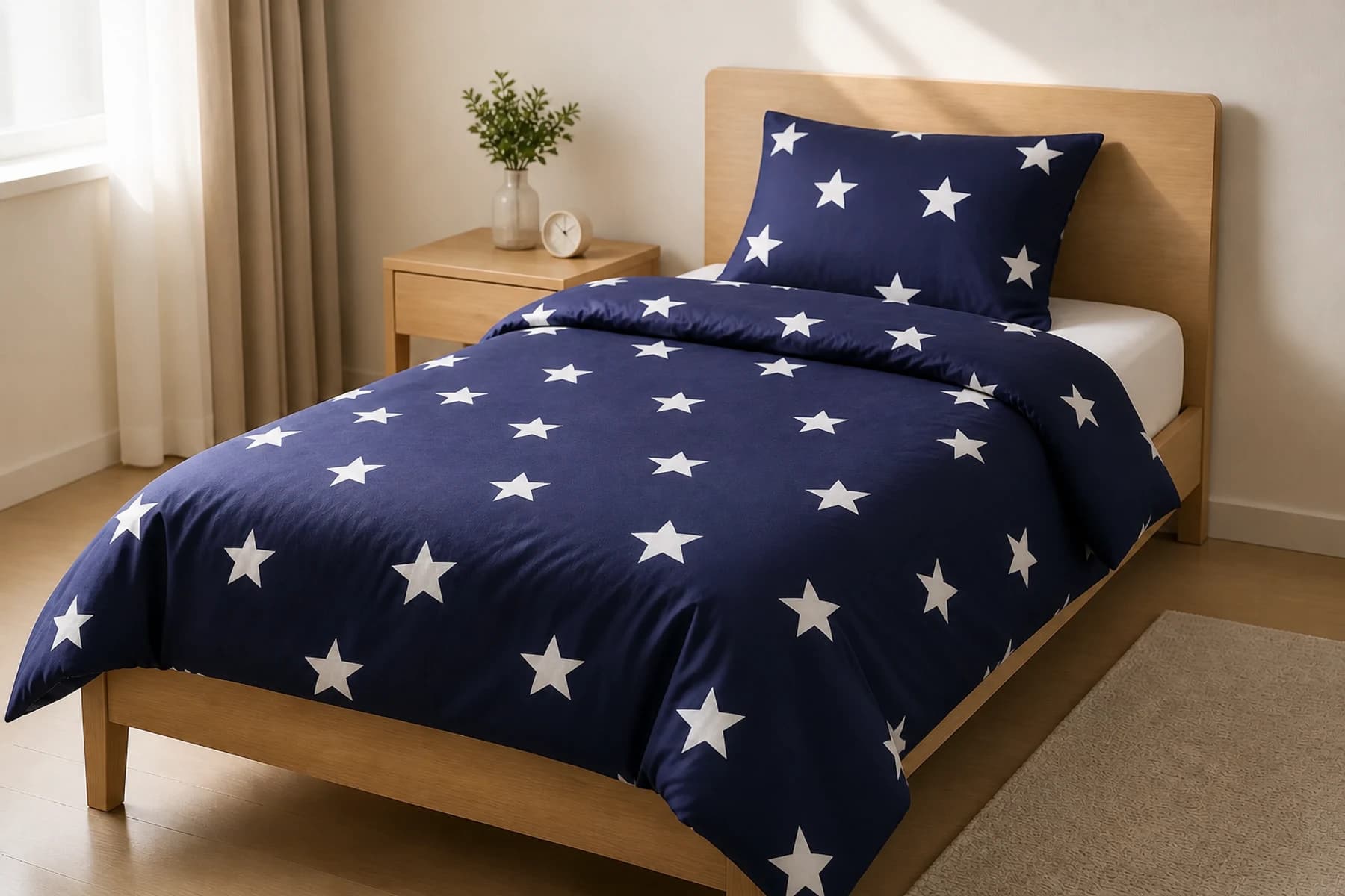 Navy five-point star bamboo-fiber knit three-piece bedding set styled naturally on a single bed